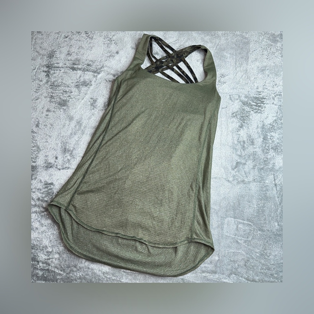 Lululemon Wild Tank Top Heathered Fatigue Green Crisscross Straps Yoga Workout 4